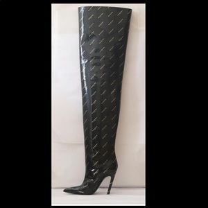 Balenciaga Logo Print Patent Leather Thigh High Boots